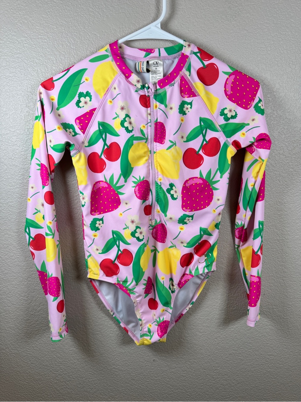 OP Kids Long Sleeve Fruit Print Rash Guard Swimsuit - Pink, Yellow, Red, Green